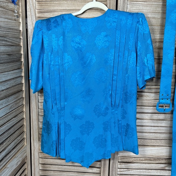 Argenti Women's Blue Floral Skirt Suit Outfit 2 Pc 100% Silk Size 16 - Picture 7 of 14